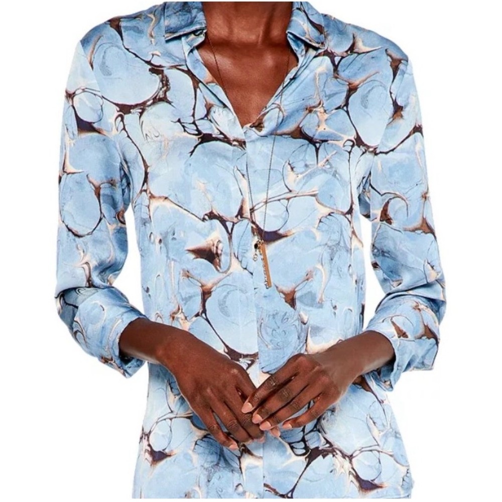 NIC+ZOE Button Up Blouse Womens Blue Marble Print Mindfully Made Large